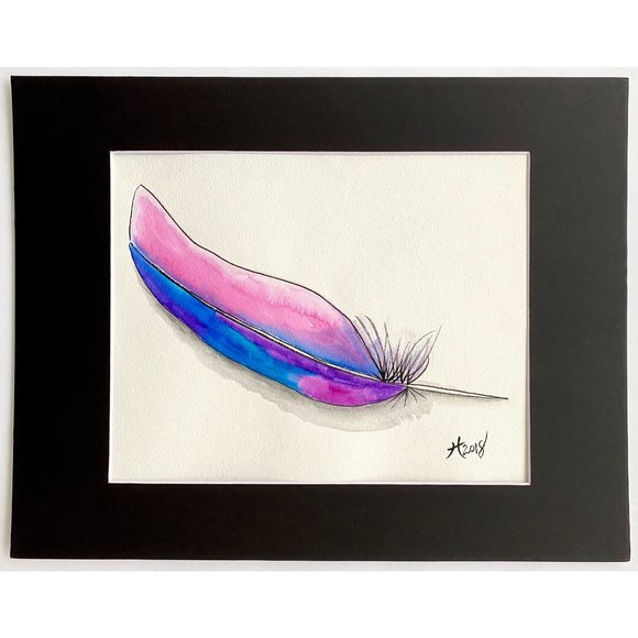 Softly Laid - Original Wall Art Watercolor Feather Painting 11"x14" Matted Decor - Picture 1 of 8